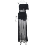 Mesh Patchwork Single Shoulder Maxi Dress FL-JY25043DGO
