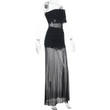Mesh Patchwork Single Shoulder Maxi Dress FL-JY25043DGO