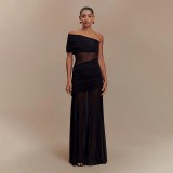 Mesh Patchwork Single Shoulder Maxi Dress FL-JY25043DGO