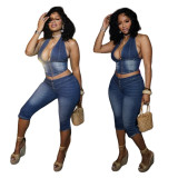 Fashion Denim Zipper Tops Seventh Pants Suit MEM-88643