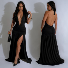Halterneck Deep V Neck Split Maxi Dress BY-7225