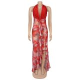 Sex Deep V Neck Print Backless Maxi Dress BY-7262