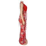 Sex Deep V Neck Print Backless Maxi Dress BY-7262