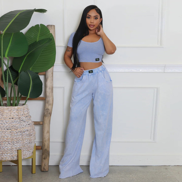 Solid Color U Neck Tops Wide Leg Pants Suit YF-10826