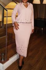 Plus Size V Neck Hot Drill Long Sleeve Split Skirts Two-piece Set NY-3591