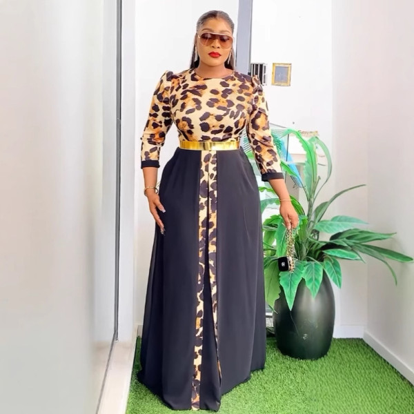 Plus Size Leopard Patchwork Chiffon Maxi Dress NY-11022