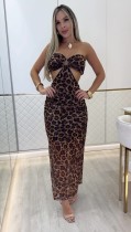 Leopard Print Wrap Chest Mesh Maxi Dress QODY-6060