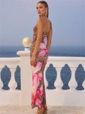 Leopard Print Single Shouler Backless Maxi Dress YWXS-XS-L45189