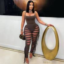 Solid Color Bodysuit Tassel Hole Pants 2 Piece Set LSD-2448