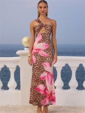 Leopard Print Single Shouler Backless Maxi Dress YWXS-XS-L45189