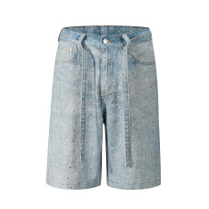Loose Denim Hot Drill Fifth Pants(With Belt) OD-8739