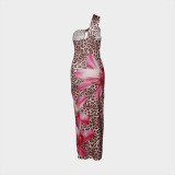 Leopard Print Single Shouler Backless Maxi Dress YWXS-XS-L45189
