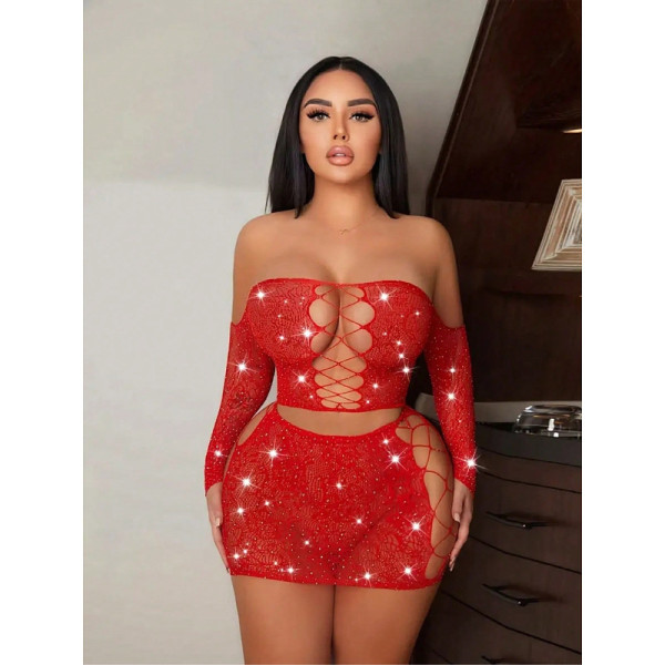 Rhinestone Tube Tops Mesh Lingerie Two-piece Skirt Set GYDE-T9058
