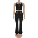 Sexy Wrap Chest Metal Button Trouser Set BY-7327