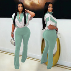 Sport Short Sleeve Color Block Two Piece Pants Set BY-7306