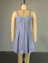 Blue Stripe Sling Backless Mini Dress GCNE-9235