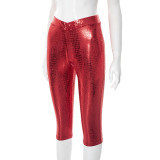 Solid Color Snake Print Skinny Seventh Pant GDSF-J25PT040