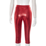 Solid Color Snake Print Skinny Seventh Pant GDSF-J25PT040