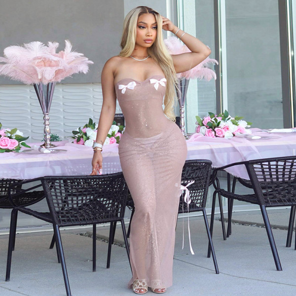 Plunge Bow Slightly Sheer Fishtail Dress  GDSF-Q25DS083