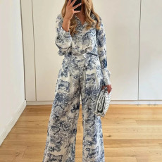 Plus Size Printed Lapel Shirt Fashion Pants Suit GMAN-28729