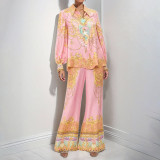 Plus Size Long Sleeve Pink Printed Shirt Pants Casual Set GMAN-29121