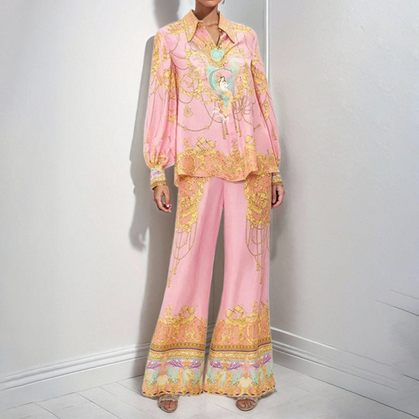 Plus Size Long Sleeve Pink Printed Shirt Pants Casual Set GMAN-29121