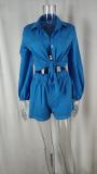 Plus Size Solid Color Shirt And Ruffles Shorts 2 Piece Set GMAN-8932