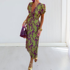 Plus Size Print V Neck Pleated Maxi Dress GMAN-28272