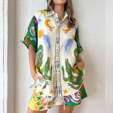 Plus Size Short Sleeve Print Shirt Two Piece Shorts Set GMAN-24532