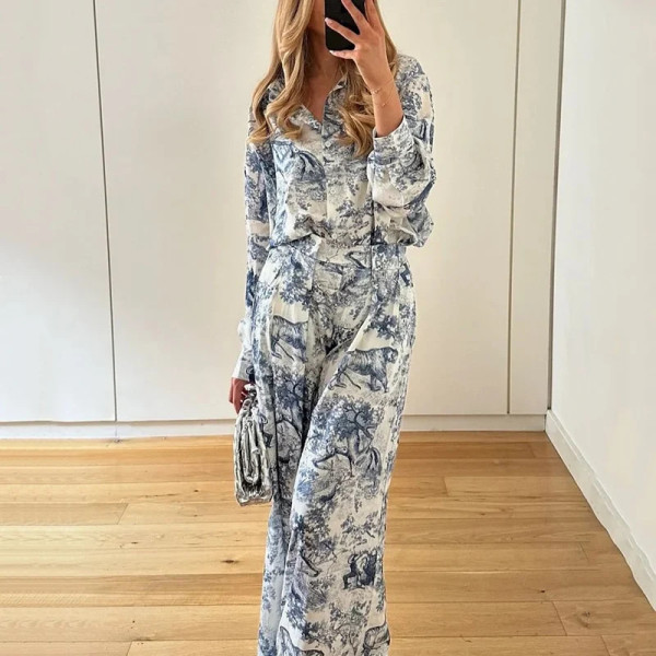 Plus Size Printed Lapel Shirt Fashion Pants Suit GMAN-28729