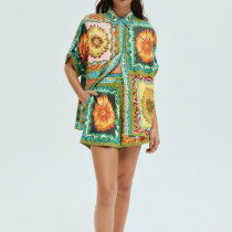 Plus Size Fashion Lapel Shirt Two Piece Shorts Set GMAN-28311