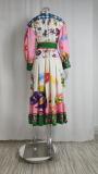 Plus Size Printed V-Neck Lace-Up Long Sleeve Long Dress GMAN-24761