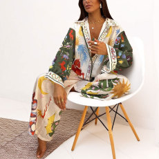 Plus Size Casual Print V Neck Shirt Wide Leg Pants Suit GMAN-28308