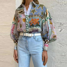 Plus Size Print Lapel Long Sleeve Shirt GMAN-24541
