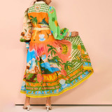 Plus Size Printed Lantern Sleeve Belted Shirt Dress GMAN-28068