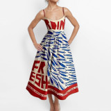 Plus Size Fashion Printed Pleated Big Hem Camisole Dress GMAN-28744