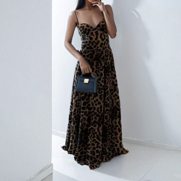 Plus Size Leopard Print Sling Maxi Dress GMAN-29175