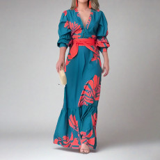 Plus Size Printed Lace-Up Bubble Long Sleeve Maxi Dress GMAN-28748