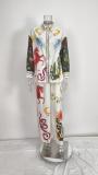 Plus Size Casual Print V Neck Shirt Wide Leg Pants Suit GMAN-28308