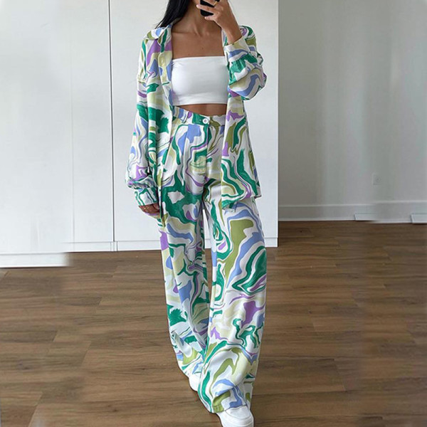 Plus Size Print Shirt Long Sleeve Casual Pants Suit GMAN-8938