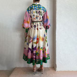 Plus Size Printed V-Neck Lace-Up Long Sleeve Long Dress GMAN-24761