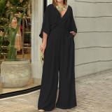 Plus Size Solid Color V Neck Jumpsuit GMAN-22145