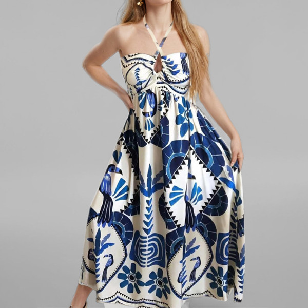Plus Size Print Wrap Chest Halterneck Midi Dress GMAN-28468