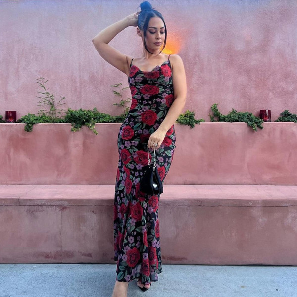 Sexy V Neck Print Sling Mdii Dress GLAG-D3C15198G