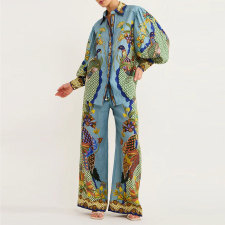 Plus Size Printed Lantern Sleeve Wide Leg  Pants Fashion Suit GMAN-24930