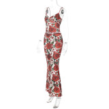 Sexy Print V Neck Sling Tops Long Skrits Suit  GLAG-S4516371G