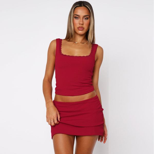 Lace Camisole Square Neck Top Solid Color Skirt Set GLAG-S4917379G