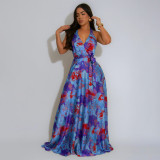 V Neck Print Backless Satin Maxi Dress YF-20163
