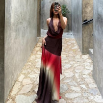 Contrast Color Print Backless Maxi Dress GYME-K25D66166