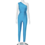 Solid Color Slash Shoulder Tops Tight Pants Suit GDSF-D25ST141